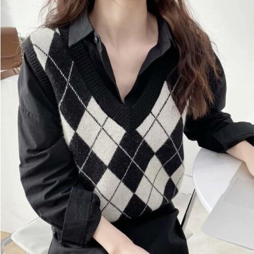 Sweater Vest Korean Fashion Women V Neck Plaid Vests Autumn Sleeveless Knitted Sweaters Waistcoat Knitwear Chaleco Punto Mujer