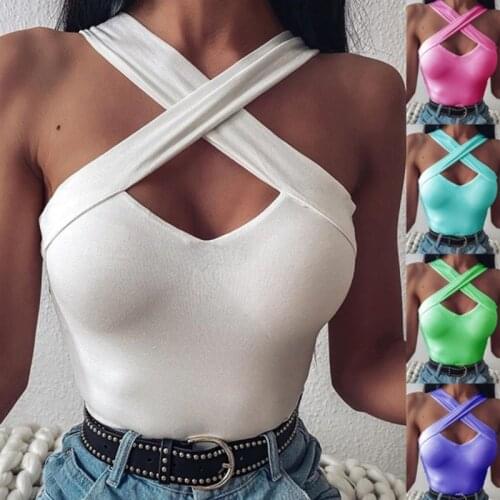 Women Strappy Cross Over Front Cut Out Halter Neck Sleeveless Backless Crop Top Bandage Vest Summer Sexy Tops Woman Clothes