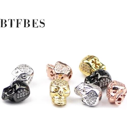 BTFBES Gold Fury Skull White Zircon Copper Beads 2pcs Hight Quality Loose Beads Jewelry Bracelet Making Necklace DIY Accessories