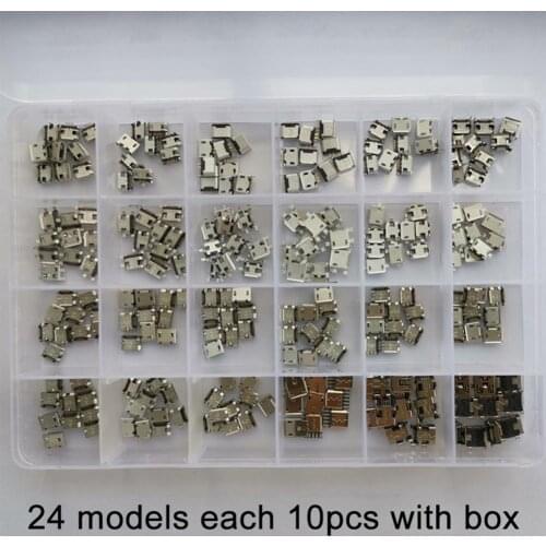 240Pcs 24 Models Micro USB Connector Female Socket Jack Charge Port for MP3/4/5