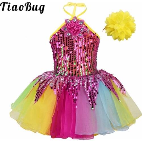 TiaoBug Girls Kids Halter Sequins Flower Applique Colorful Ballet Tutu Dress Wristband Set Ballerina Stage Performance Dancewear