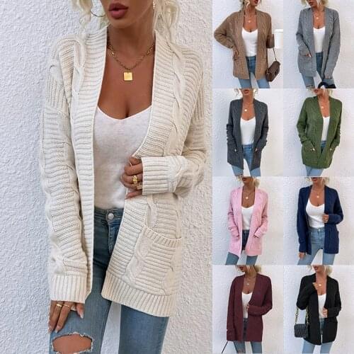 Elegant Knitted Sweater coat women cardigans autumn2021 new winter twist midi pocket knitted cardigan female sweater jacket Full