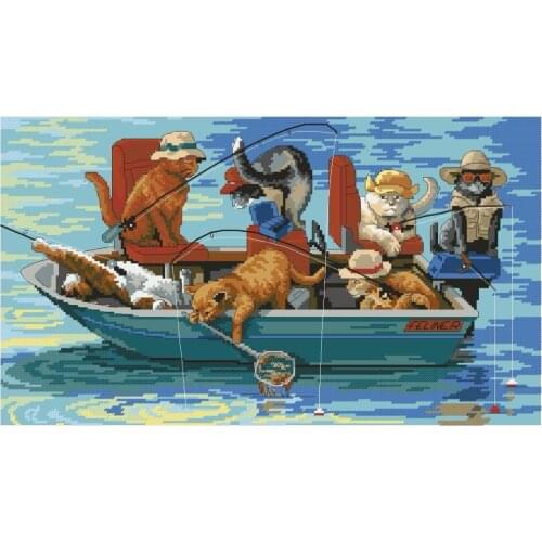COTTON High Quality Lovely Beautiful Counted Cross Stitch Kit Catch of the Day Fishing Cat Kitten Boating dim 00321