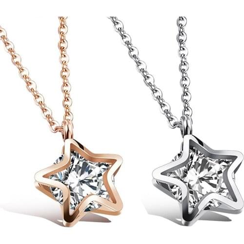 JHSL Fashion Jewelry Girls Statement Star Pendants Cubic Zirconia Necklaces for Women Silver Rose Gold Color Stainless Steel