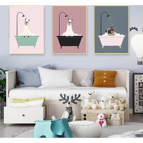 Picture Nordic Baby Girl Room Decor Nursery Wall Art Canvas Minimalist Bath Animal Pink Cartoon Painting Decoration