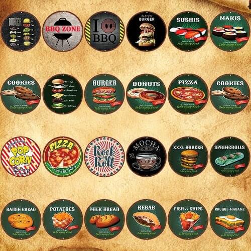 [ Kelly66 ] Food Burger Sushis Pizza BBQ Zone Dounts Kebab Vintage Irregular Wall Art Decor Retro Iron Painting Sign r-3 30CM