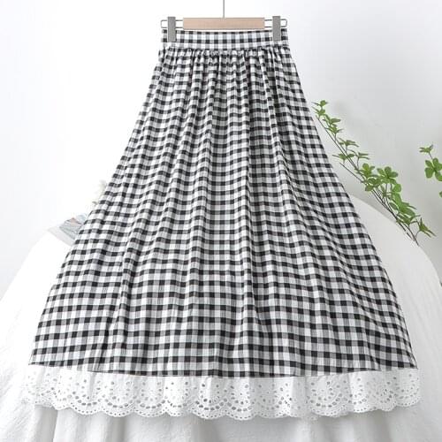 Plaid Skirts Womens Vintage Casual Fashion Lace Stitching Harajuku Female Slim High Waist Summer Midi Long Skirt