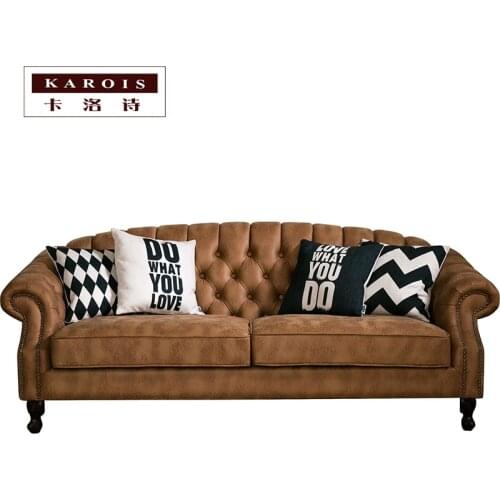 Living Room Furniture Coffee Buckle Three-seat Leather Sofa American Country Retro Style Luxury Sofa