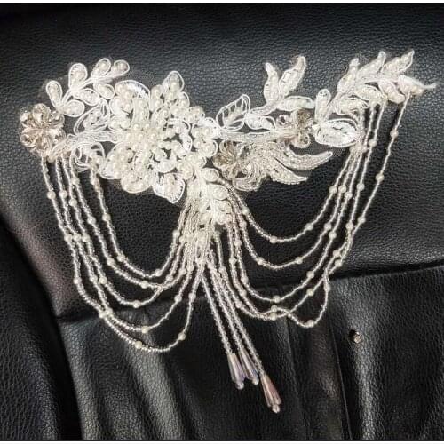 Fashion little flower pearl trims hand-sewed crystal applique with tassel headscarf decorative strass DIY hand crafts accessory