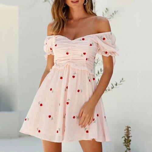 MosiMolly 2021 Summer Chic Floral Jacquard Lace Dress Off Shoulder Cotton Dress Ruffle Mini Dress Lace Crochet Vestidos