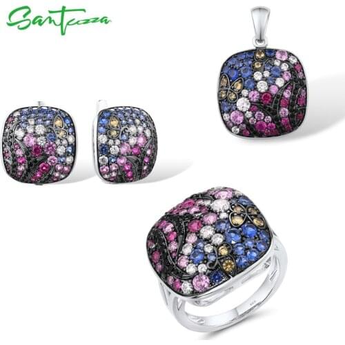 SANTUZZA Jewelry Set For Women 925 Sterling Silver Dazzling Pink Blue Stones Square Pendant Earrings Ring Set Party Fine Jewelry