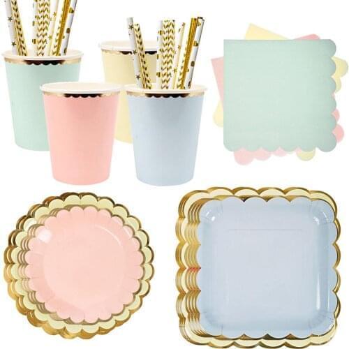 Thicken Disposable Tableware Set Mint Blue Bronzing Frame Paper Plate Straw Cup Baby Shower Birthday Decoration Party Supplies
