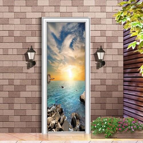 Natural Sea spray Sunrise scenery Landscape Wallpaper Mural Wall Stickers Door Sticker Decals Living Room Home Decoration