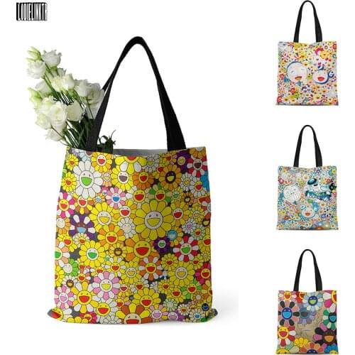 New Fashion Canvas Bag With Zipper Sun Flower Japanese Cartoon Anime Large Capacity Shoulder Bag Ladies Casual Shopping Tote Bag