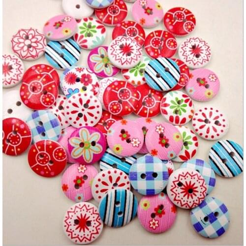 New Arrival 100pcs 15mm Mixed Round Pattern 2 Holes Wood Buttons Sewing Scrapbooking New
