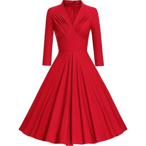 Autumn Hepburn 50 60s Retro Long Sleeve Dress Elegant Women A Line Red Cotton Vintage Party Dresses Ladies Office Dress Vestidos