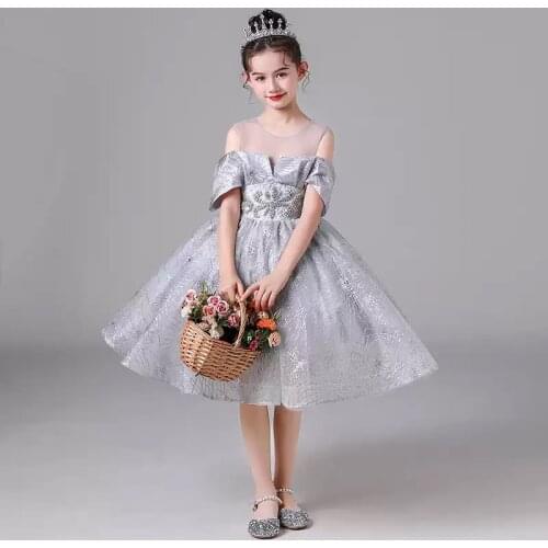 Flower Girl Dresses Vintage Crystal Short O-Neck Off The Shoulder Princess Knee-Length Tulle Luxury Silver Kids Party Gown H536