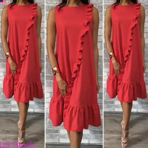 Hot Sexy Womens Dress Holiday Sleeveless Ladies Summer Casual A Line Beach Ruffled Dress Plus Size New