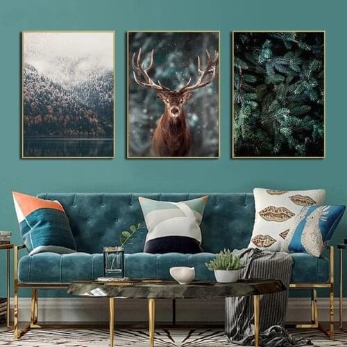 Nordic Snowing Landscape Forest Deer Poster Animal Lake Boat Christmas Leaves Snow Mountain Prints Painting Nature Picture Decor