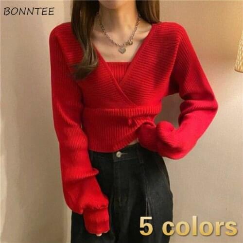 Pullovers Women Fake Two Pieces Design Aesthetic Fashion Teens Sweaters Spring Ins Artistic Cropped Solid Elegant Charm Harajuku