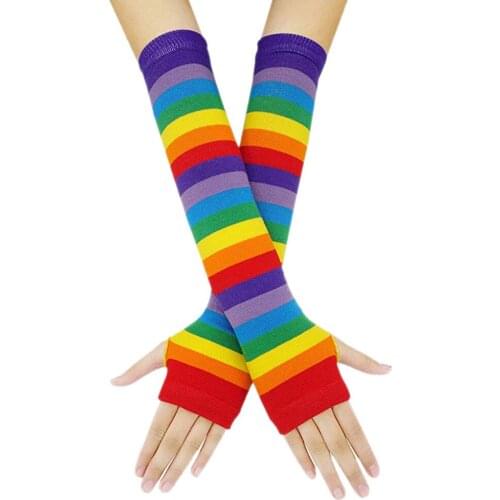 Rainbow Long Gloves Punk Gothic Rock Color Stripe Mittens Winter Knitted Soft Long Arm Warmer Fingerless Gloves Мужские Перчатки