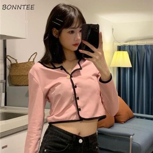 T-shirts Women Pink Sweet Cute Maiden Long Sleeve Outerwear All-match Girls College Korean Style Buttons Crop Basic Trendy Young