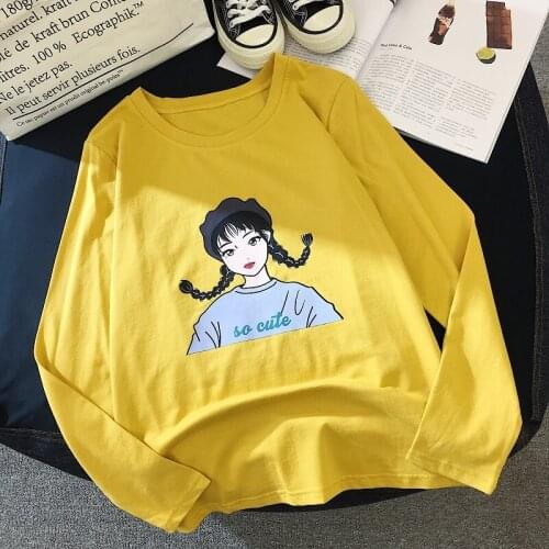 T-shirt Women Long Sleeve Korean Version Loose Student T-shirts Female Trendy O-Neck Embroidery Womens Cartoon Female Clothing