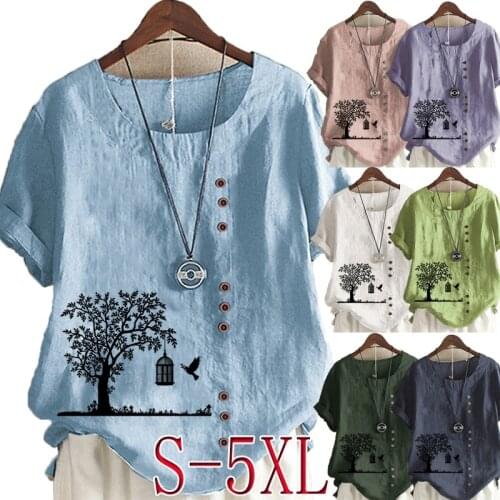 Womens Casual Tree Printed Linen Tops Round Neck Short Sleeved Plus Size T-Shirt Loose Graphic Blouse