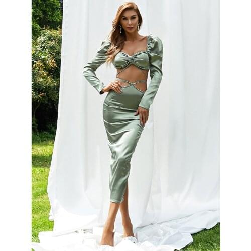 2021 Green White Sexy Hollow Out Lace Up Satin Women Long Sleeve Party Dress Vintage Casual Slim Femme Vestidos De Festa BH7184