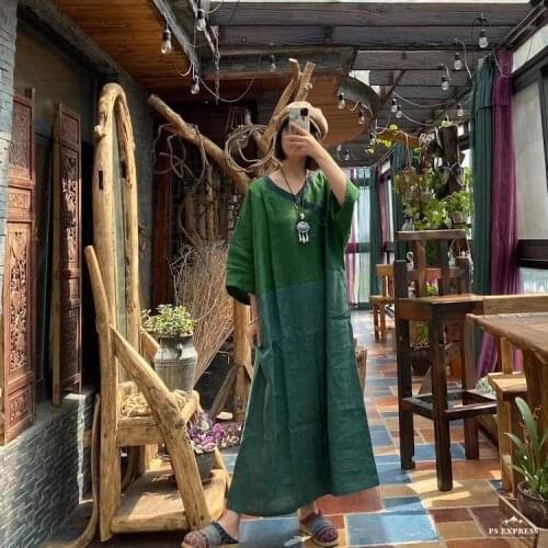 Women Plus Size V Neck Linen Dress Ladies Spring Summer Flax Dresses Female 2021 Patchwork Dresses