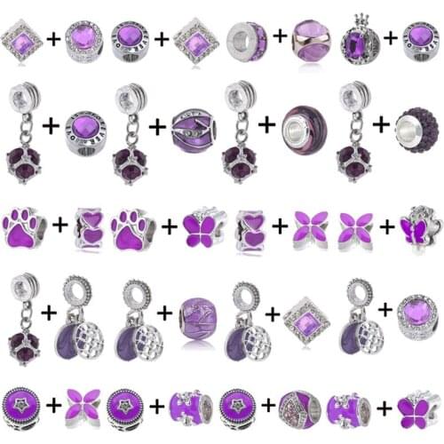 2Pcs/Lot 45 Styles Purple Crystal Geometry Charm Beads Fit European Style Brand Bracelets For Women Fashion Jewelry Making