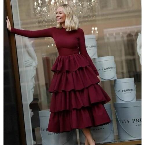 Arabic Long Sleeves Evening Gown Scoop A Line Ruffles Satin Tea Length Formal Prom Evening Gowns свадебное платье