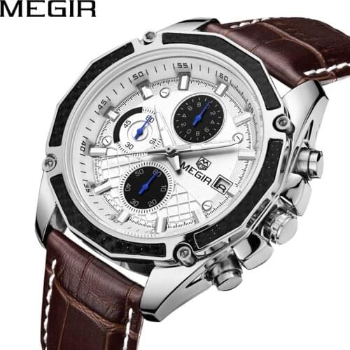 MEGIR Brand Genuine Quartz Men Watches Fashion Genuine Leather Chronograph Watch Clock for Gentle Men Male Students Reloj Hombre