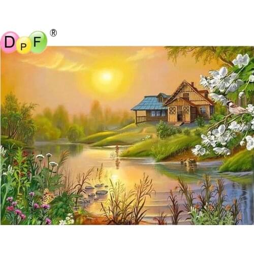 DPF Diamond Embroidery Riverside sunset Diamond Painting Cross Stitch Picture Of Rhinestone full Square Diamond Mosaic decor DIY