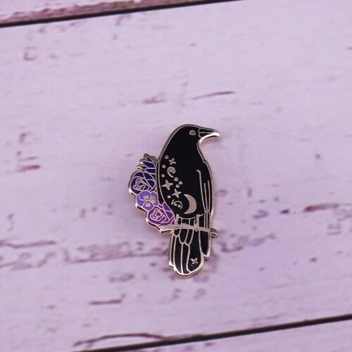 Raven Enamel Pin Crow Pin Flower moon stars brooch