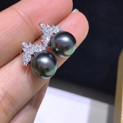 HENGSHENG Hot Sales 9-10mm Tahiti Natural-Ocean Round Black Pearls Stud Earrings Women 925 Sterling Silve Earrings Romantic