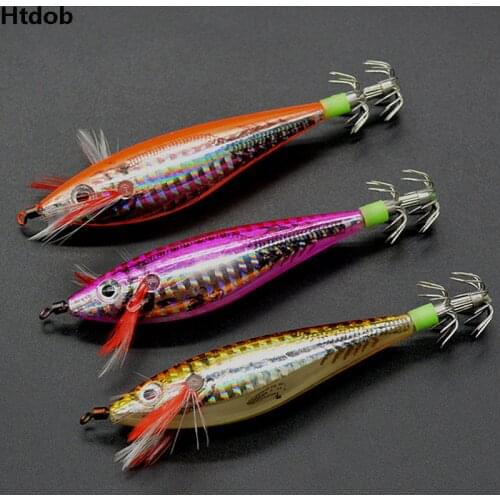 Htdob 3pcs Fishing Squid Hook Wood Shrimp Artificial Lure Glow Jigging Octopus Jig Luminous 9g/10cm Squid jigs