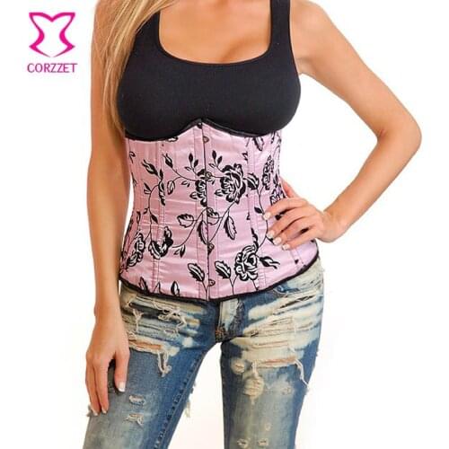 Black Floral Flocking Gothic Corset Pink Satin Corpetes E Espartilhos Sexy Corselet Underbust Waist Trainer Corsets and Bustiers