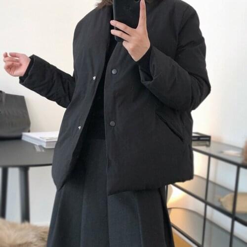 Winter V-neck Long Sleeve Vintage Black Cotton-padded Coats Thickening Warm Loose Short Puffer Jacket Women Parkas Coat