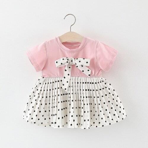 Baby fashion girls Dress Bow Dot Stitching Design Short-sleeved Childrens Cotton casual Newborn princess Dress