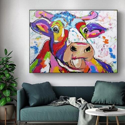 Cartoon Graffiti Art Animal Colorful Cow Paintings on Canvas Wall Posters Prints Cuadros Wall Picture for Living Room Home Decor