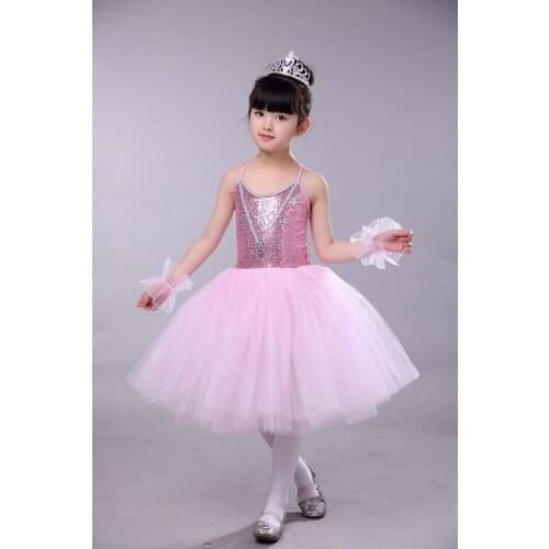Pink Blue Romantic Tutu Ballerina Dress Kids Girl Sequin Leotard with Skirt Long Ballet Dress for Child Birthday Party Costume