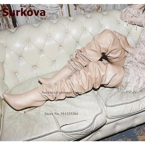 Surkova Beige Matte Leather Thigh High Boots Women Pleated Sexy Thin High Heel Pointy Toe Over The Knee Long Boots Folded Shoes