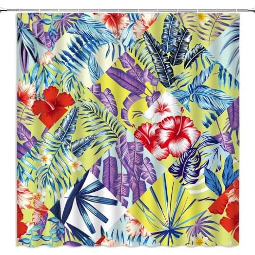 Watercolor Plant Shower Curtains Tropical Flowers Banana Leaf Monstera Splicing Bathroom Decor Polyester Cloth Hanging Curtain