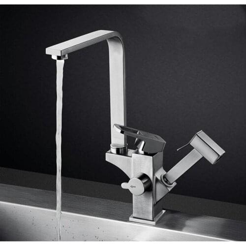 Lead free health All Stainless steel square kitchen sink faucet Unique Rotatable Hot and cold water faucet with pull out sprayer