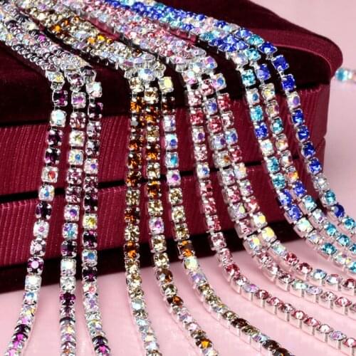 SS10 2.8mm 5yards/lot Mix color glass crystal Rhinestone Chain,silver bottom sew on Cup Chains For diy Garment Bags decorations