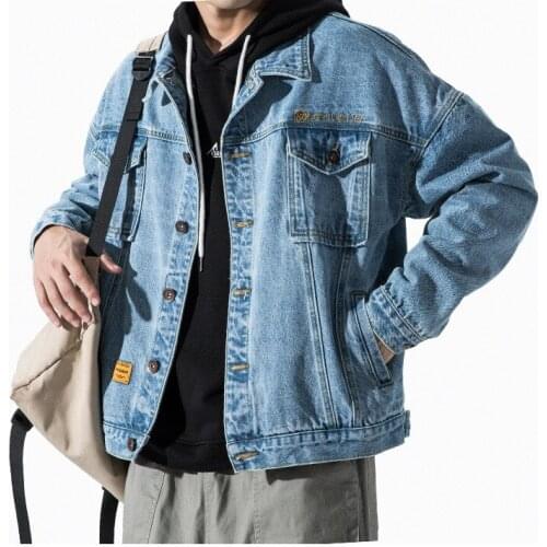 Hong Kong style student denim jacket male Korean style trend autumn and winter 2021 new loose denim tooling teenager coat