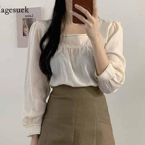 Women Long Puff Sleeve Splicing Shirts Plus Size Women Clothing Sweet Korean Style Square Collar Solid Color Blouse Blusas 11667