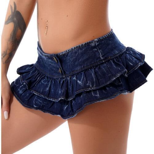 Womens Ladies Ruffled Rave Mini Jeans Skirt for Pole Dancing Low Waist Button Pleated Denim Double Layered Skirts for Night Club