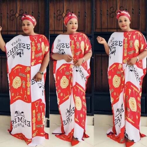 Womens Fashion Classic African Clothes Dashiki Robe Free Size Silk Abaya Fabric Print Loose Long Dress And Scarf Length 150CM